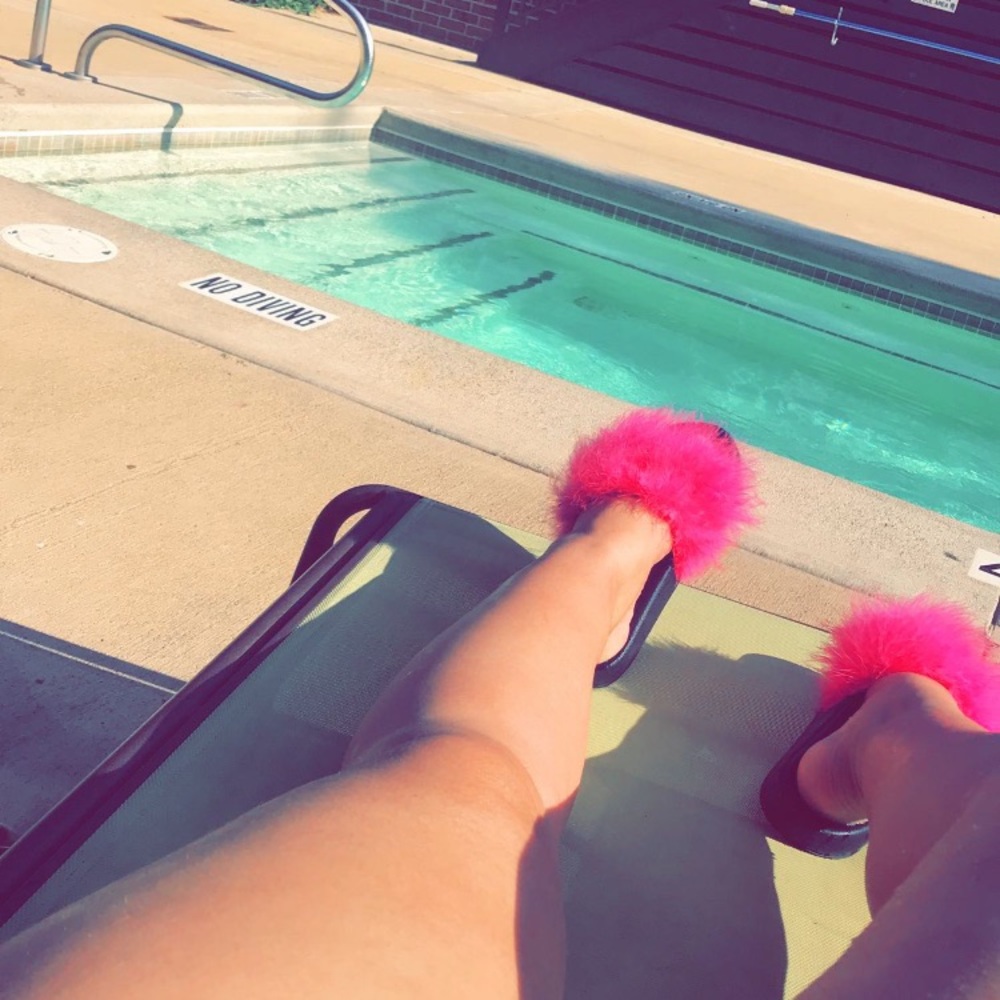 Adorable hot pink fuzzy slides